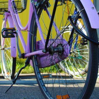 Ein lilafarbenes Fahrrad von hinten